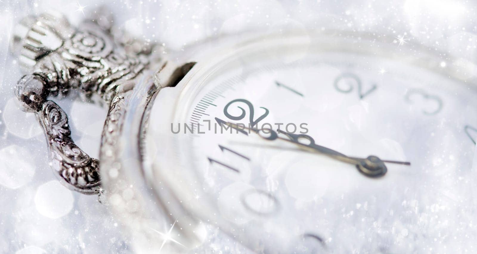 New Year's at midnight - Old clock with stars snowflakes and holiday lights