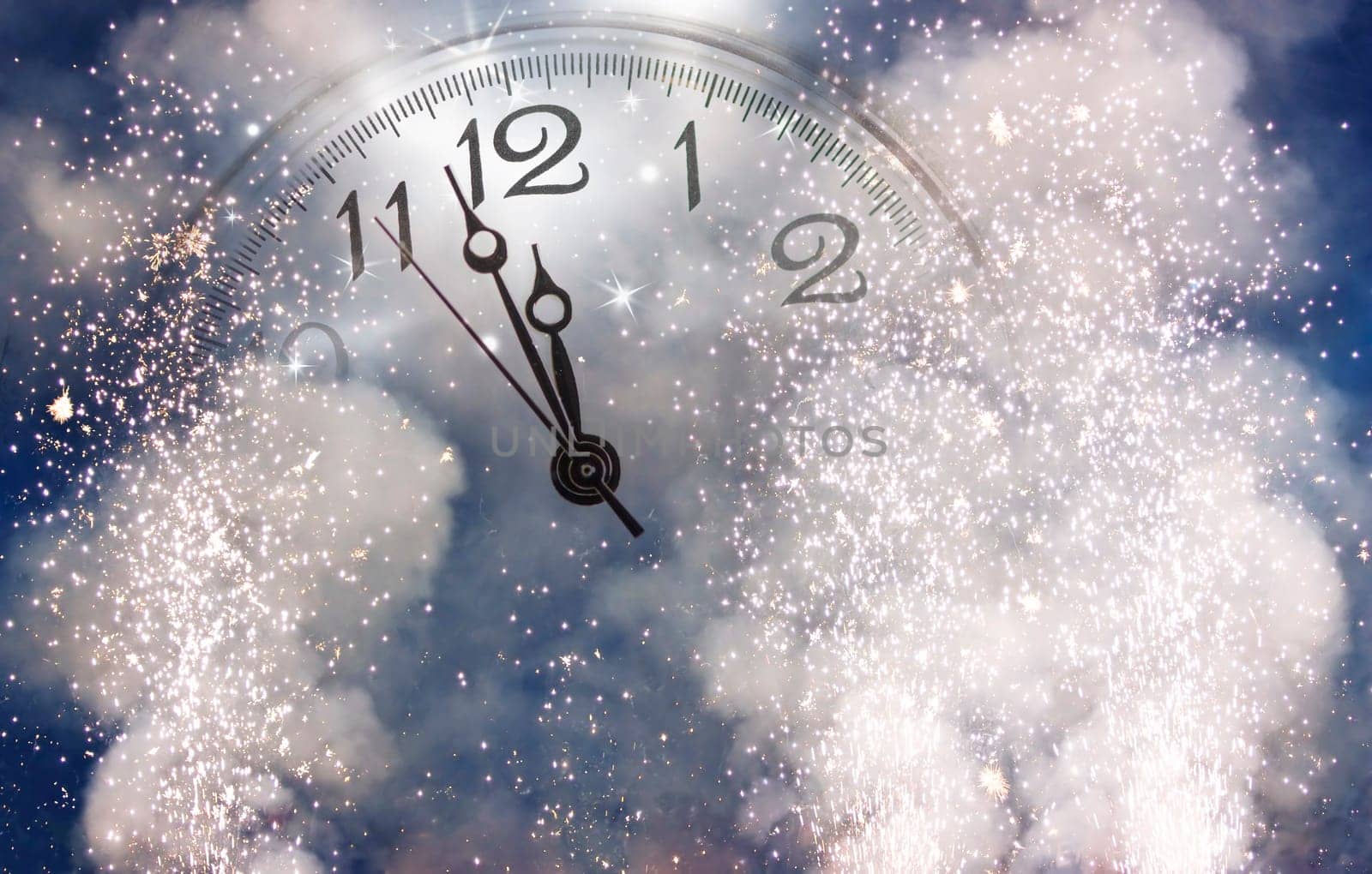 New Year's at midnight - Old clock with stars snowflakes and holiday lights