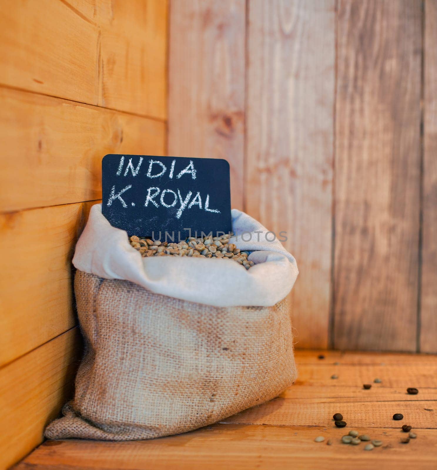 View of coffee beans inside the jute bag