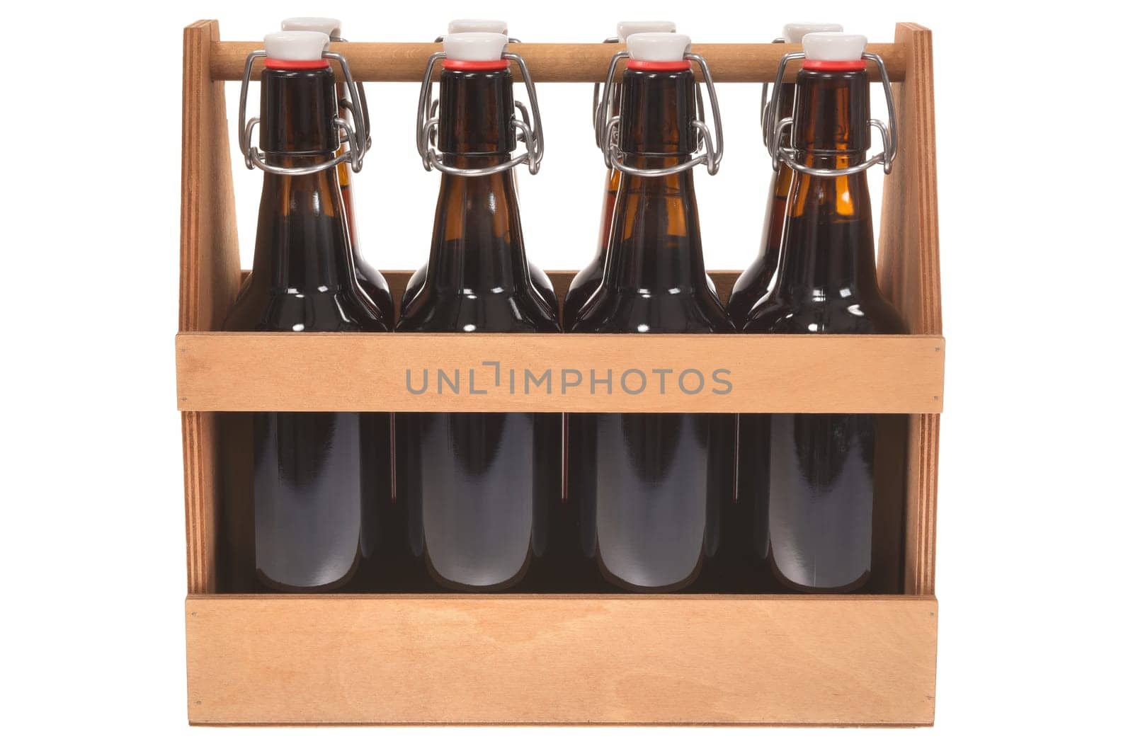 Wood Beer Carrier With Iron Inge closure Beer Bottles Insulated On White