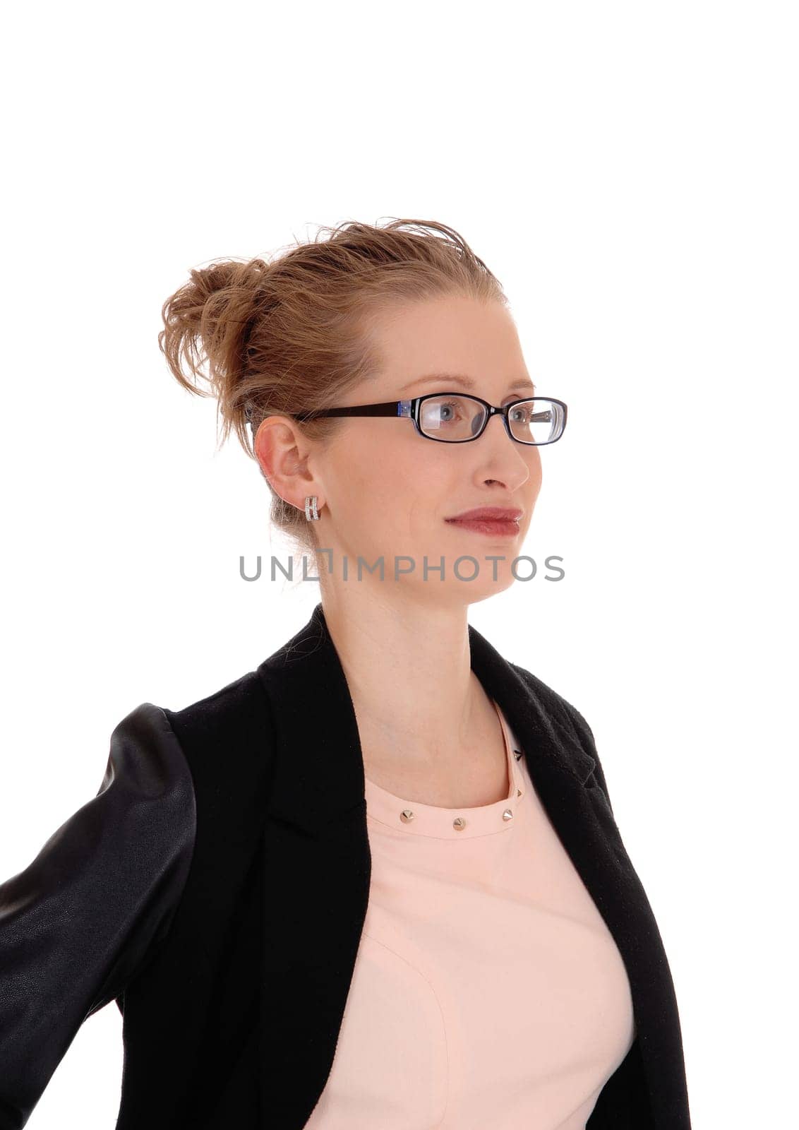 A closeup portrait image of a blond business woman standing with glasses.and a black jacket isolated for white background..