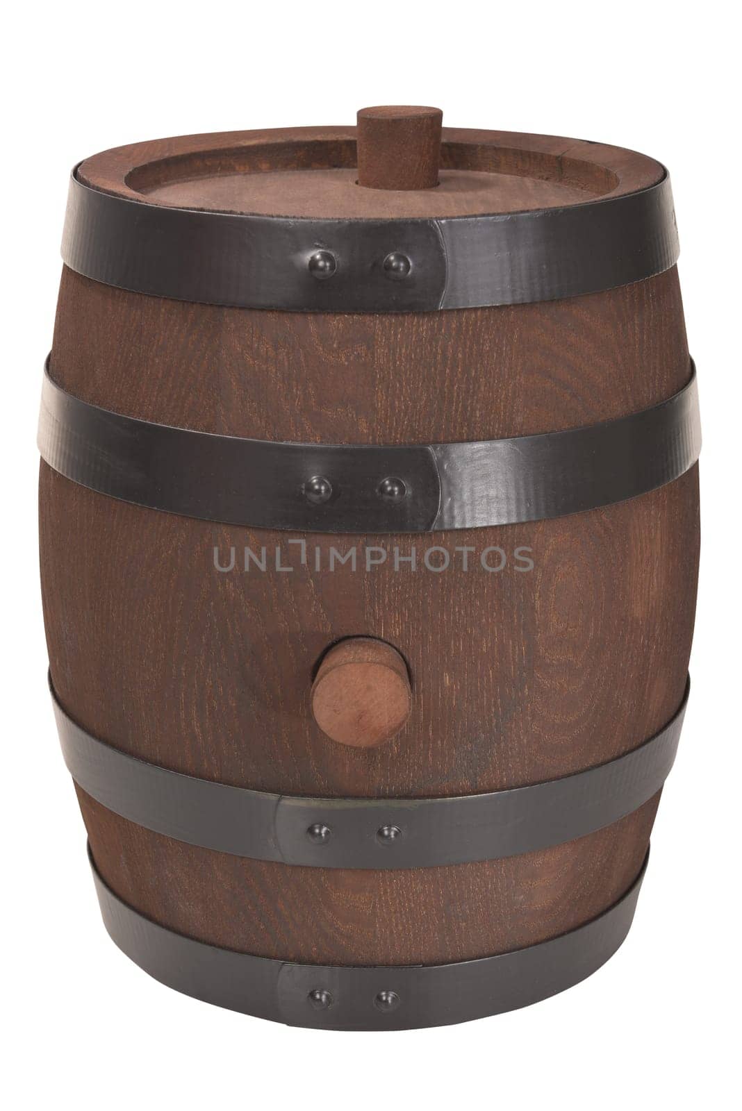 old dark brown wooden barrel with iron rings insulated on white