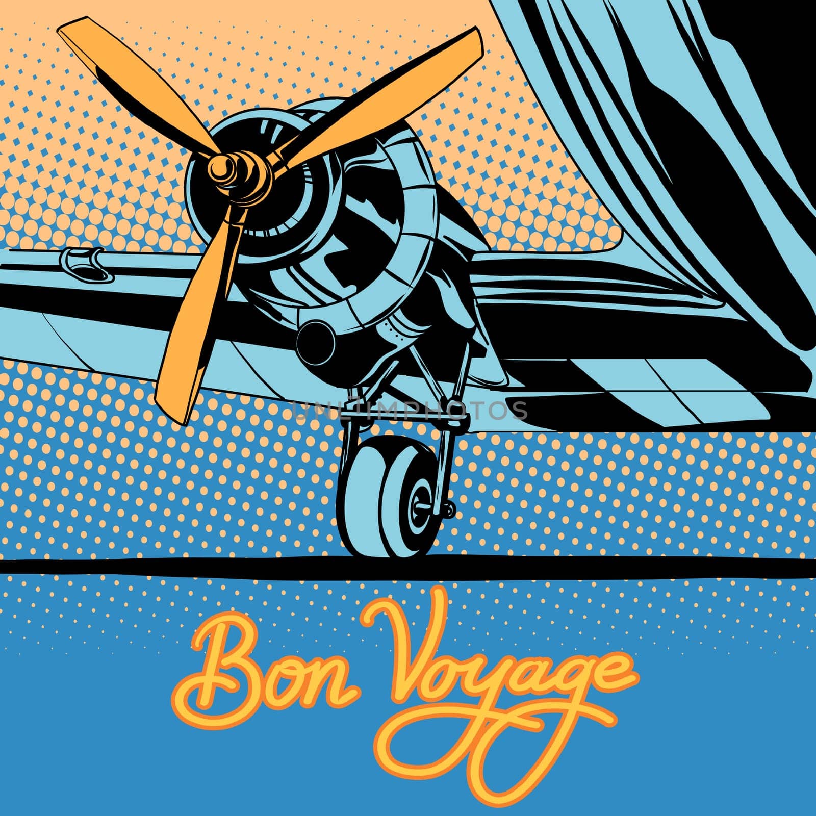 Bon voyage retro travel airplane poster pop art retro style. Retro transport aircraft. Airfield. Travel and tourism