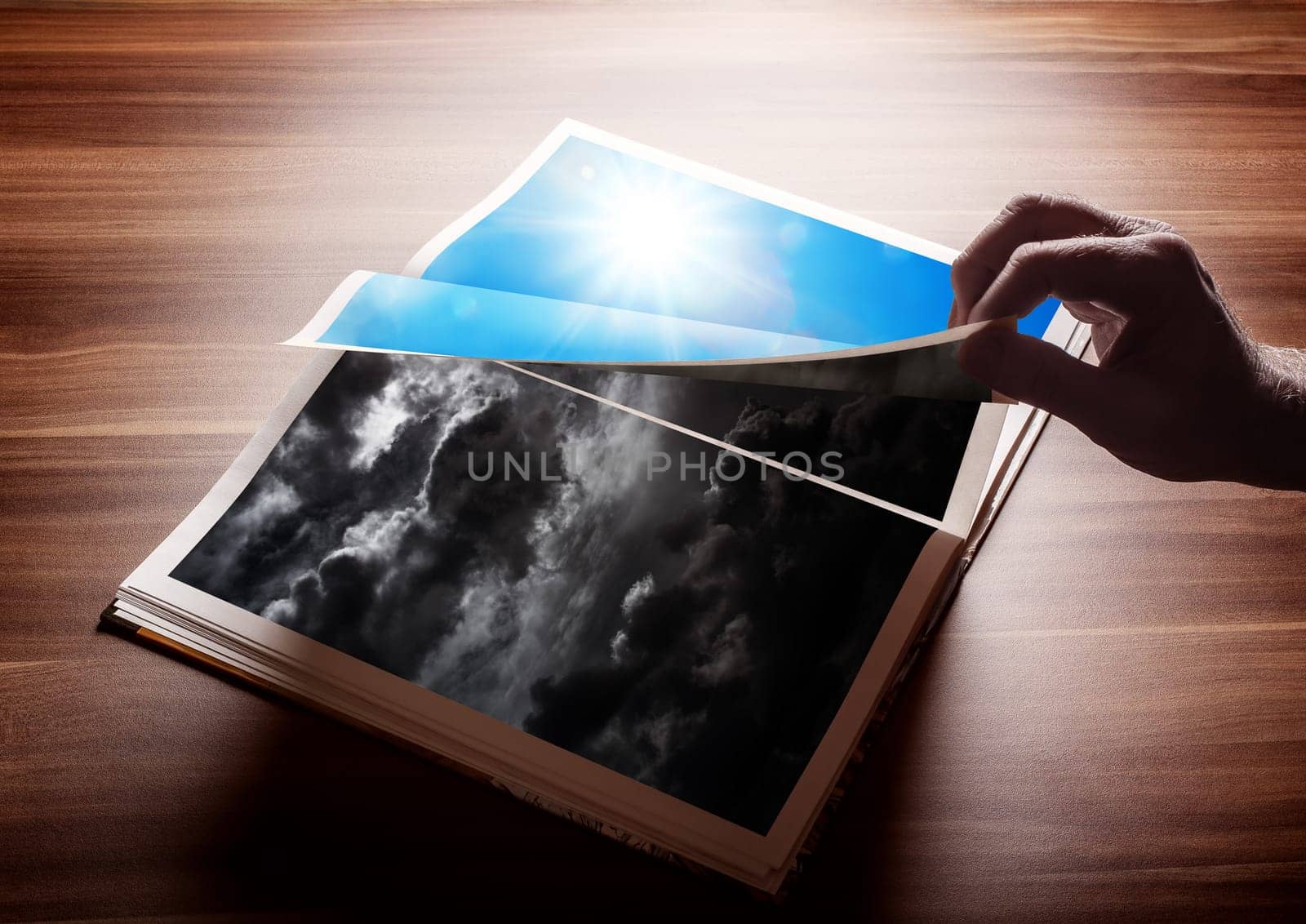 Flipping pages of a book. Concept for result of reading, or a new good day after a bad day, or involvement in switching from darkness to light...