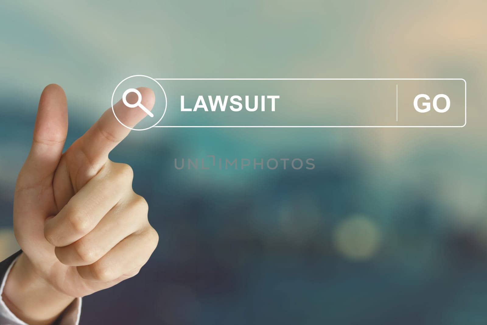 business hand clicking lawsuit button on search toolbar with vintage style effect