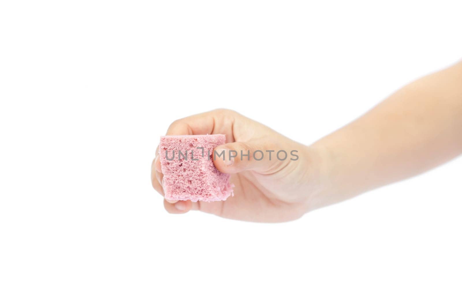 Woman's hand holding steamed cake on white background