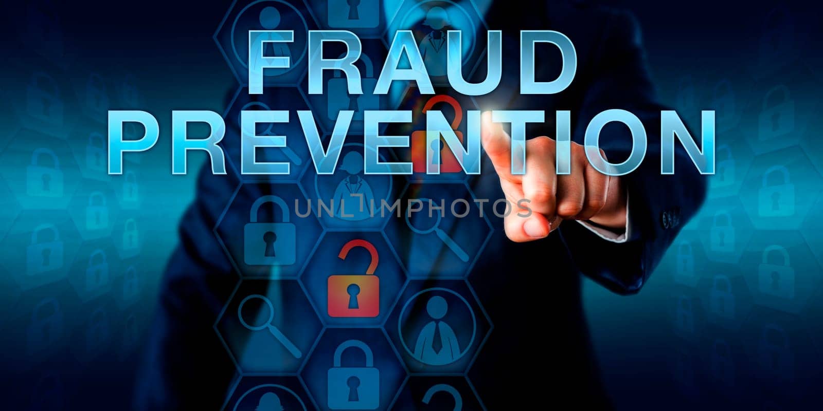 Forensic examiner is pushing FRAUD PREVENTION on a virtual screen. Business services metaphor and law enforcement concept for countermeasures to internet fraud, identity theft and computer crime.