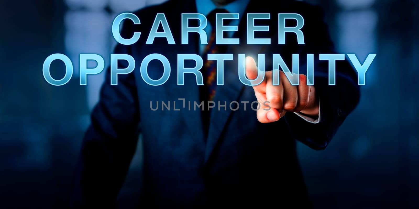 Male recruiter is pushing CAREER OPPORTUNITY onscreen. Business concept for continued professional development, occupational choice, workplace change and management of individual progress.