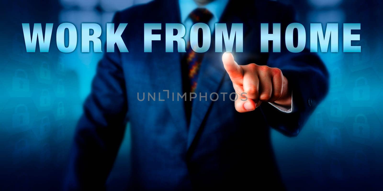 Entrepreneur is pushing WORK FROM HOME on a touch screen. Business metaphor and technology concept for freelancing, short-term or temporary contractor work, minijobber, outsourcing and offshoring.
