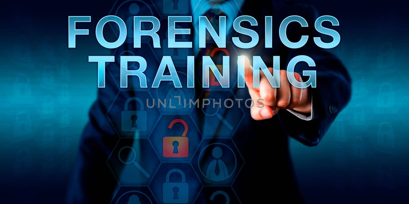 Investigator is touching FORENSICS TRAINING on an interactive screen. Business metaphor and technology concept for continued professional development, short CPD, in the law enforcement sector.