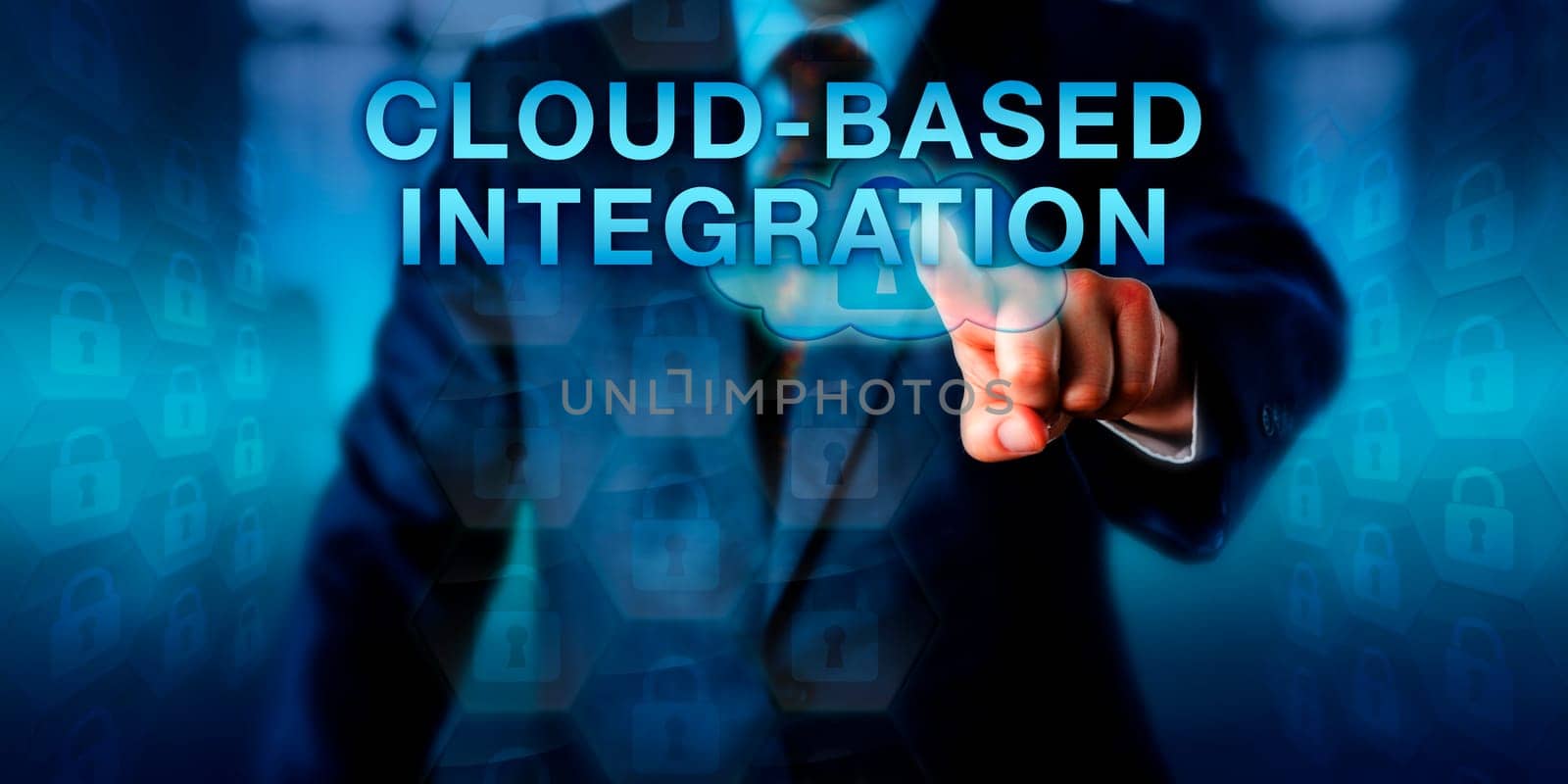 Platform developer pushing CLOUD-BASED INTEGRATION on a virtual touch screen. Business metaphor and technology concept for a fully managed systems integration service delivered via the cloud.