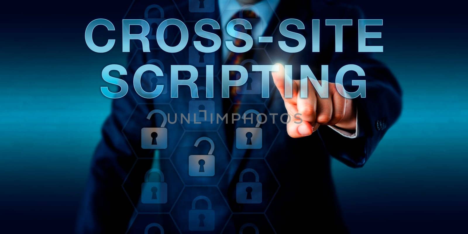 Corporate Client is pressing CROSS-SITE SCRIPTING on a touch screen interface. Information technology concept for a computer security vulnerability that is bypassing access controls on the web..