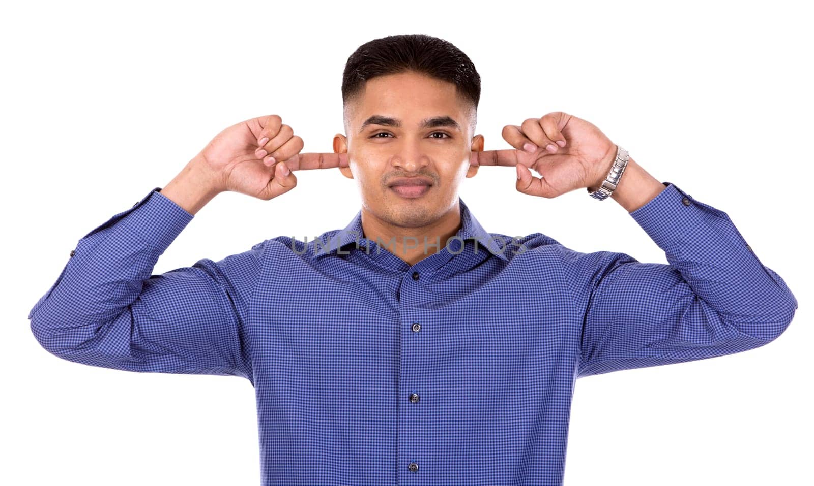 young business man giving gesture on white isolated background