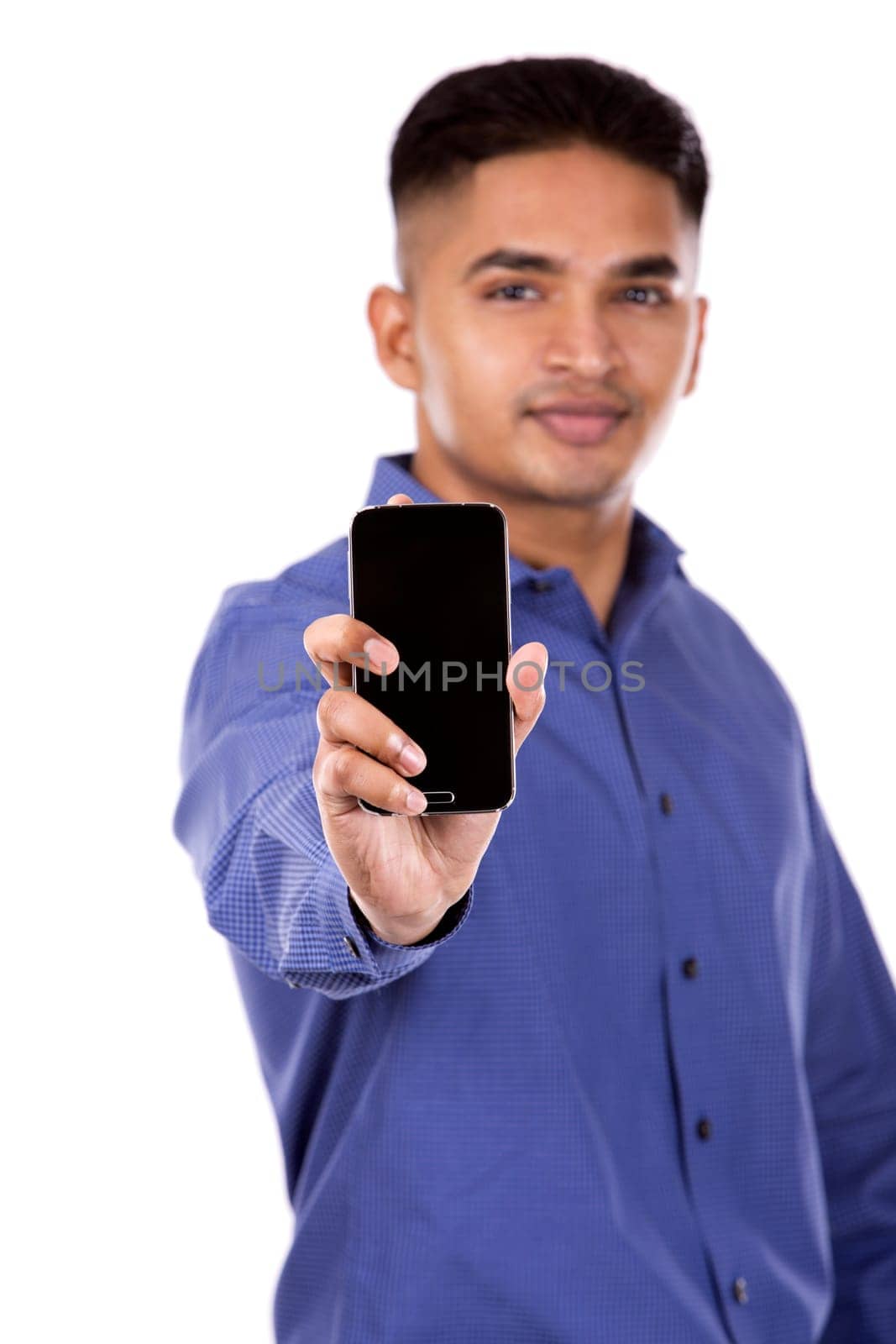 young business man using cellphone on white isolated background