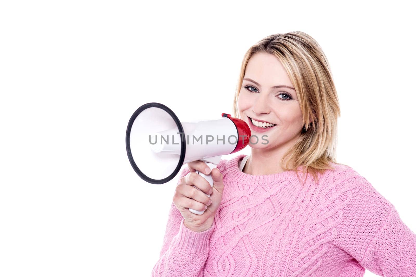 Woman making announcement with megaphone over white