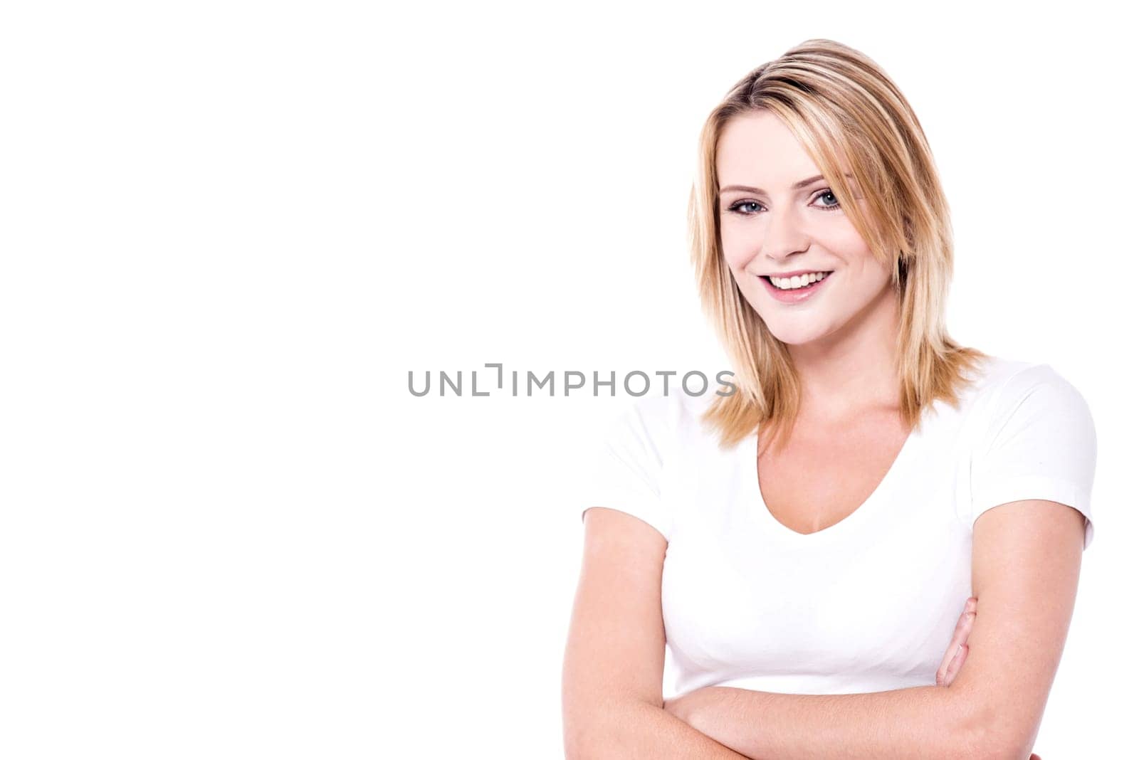 Woman isolated on copy space with crossed arms