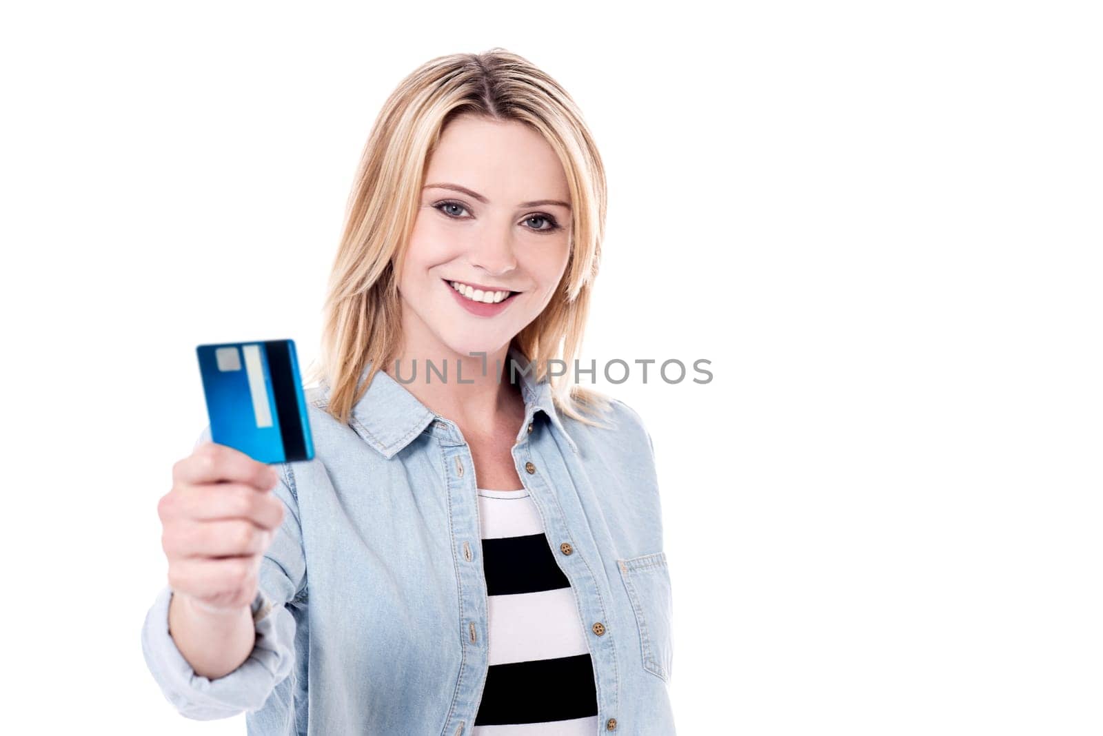Trendy woman showing her cash card to camera