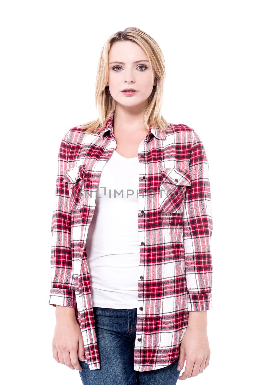 Picture of trendy woman over white background