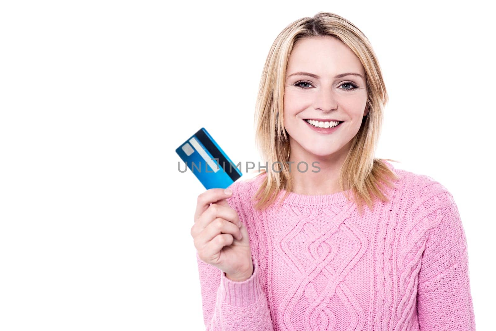 Pretty woman showing the cash card over white