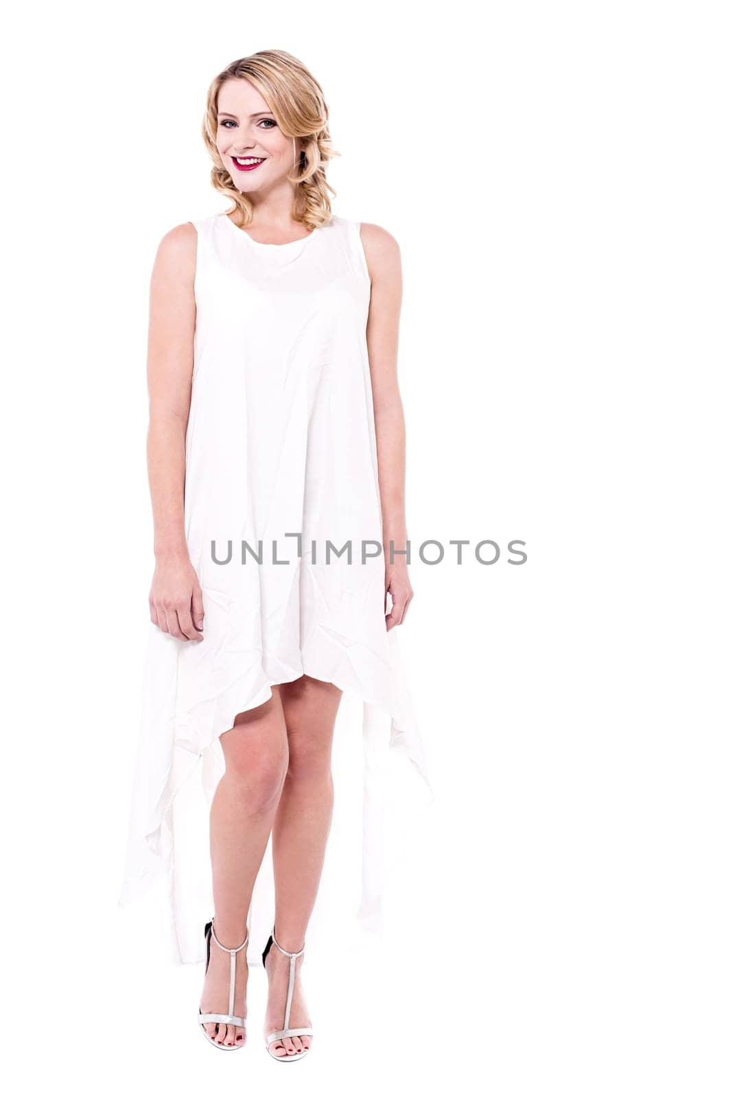 Beautiful woman posing to camera, isolated on white