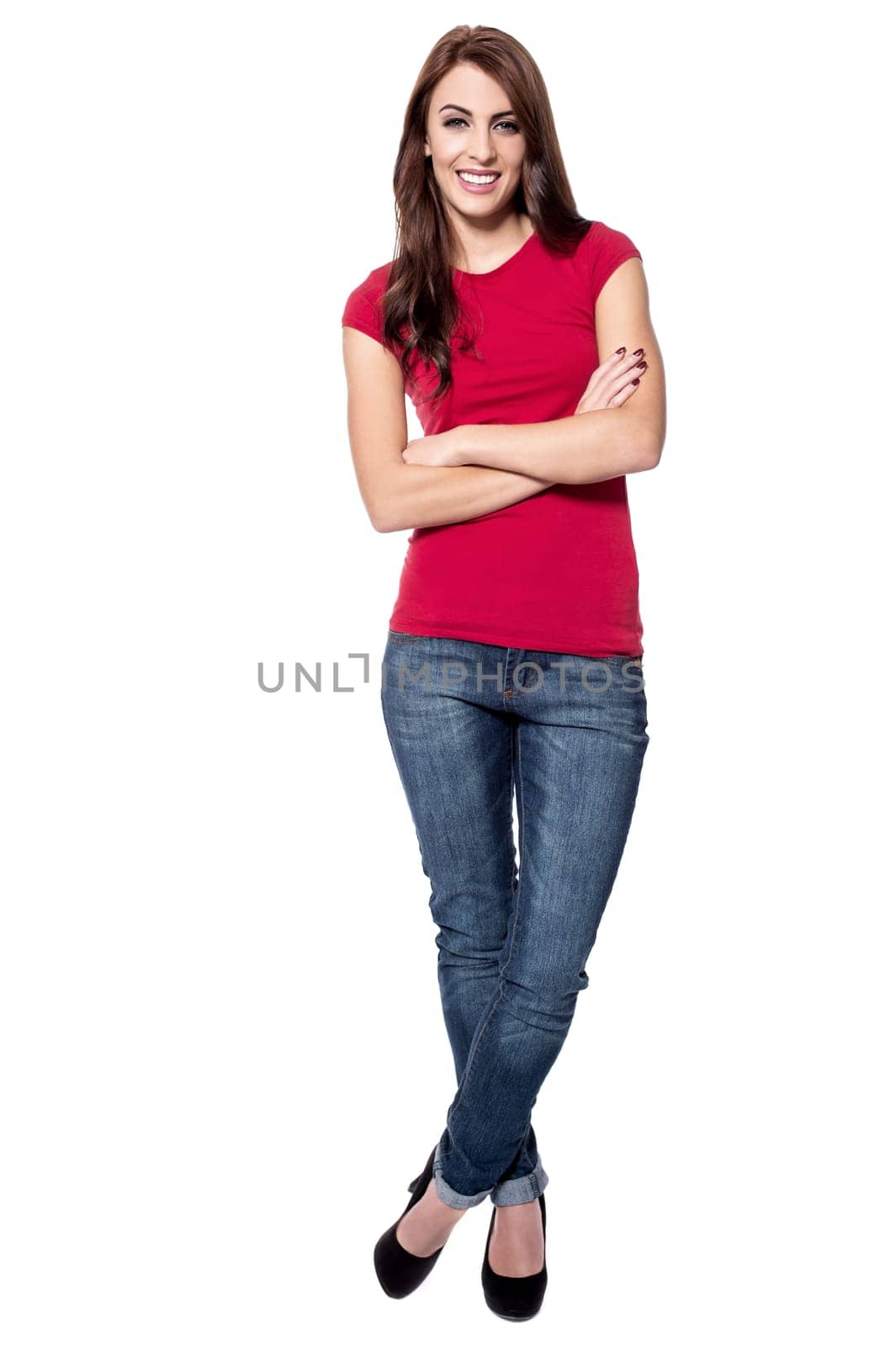 Beautiful model posing confidently over white