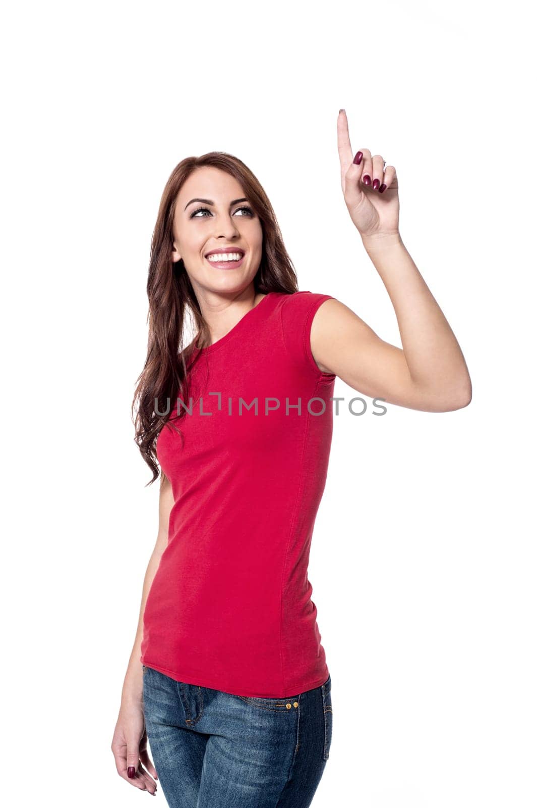 Happy woman pointing up with her finger