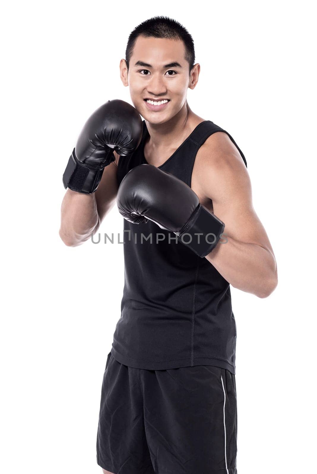 Sports man wearing boxing gloves on white background