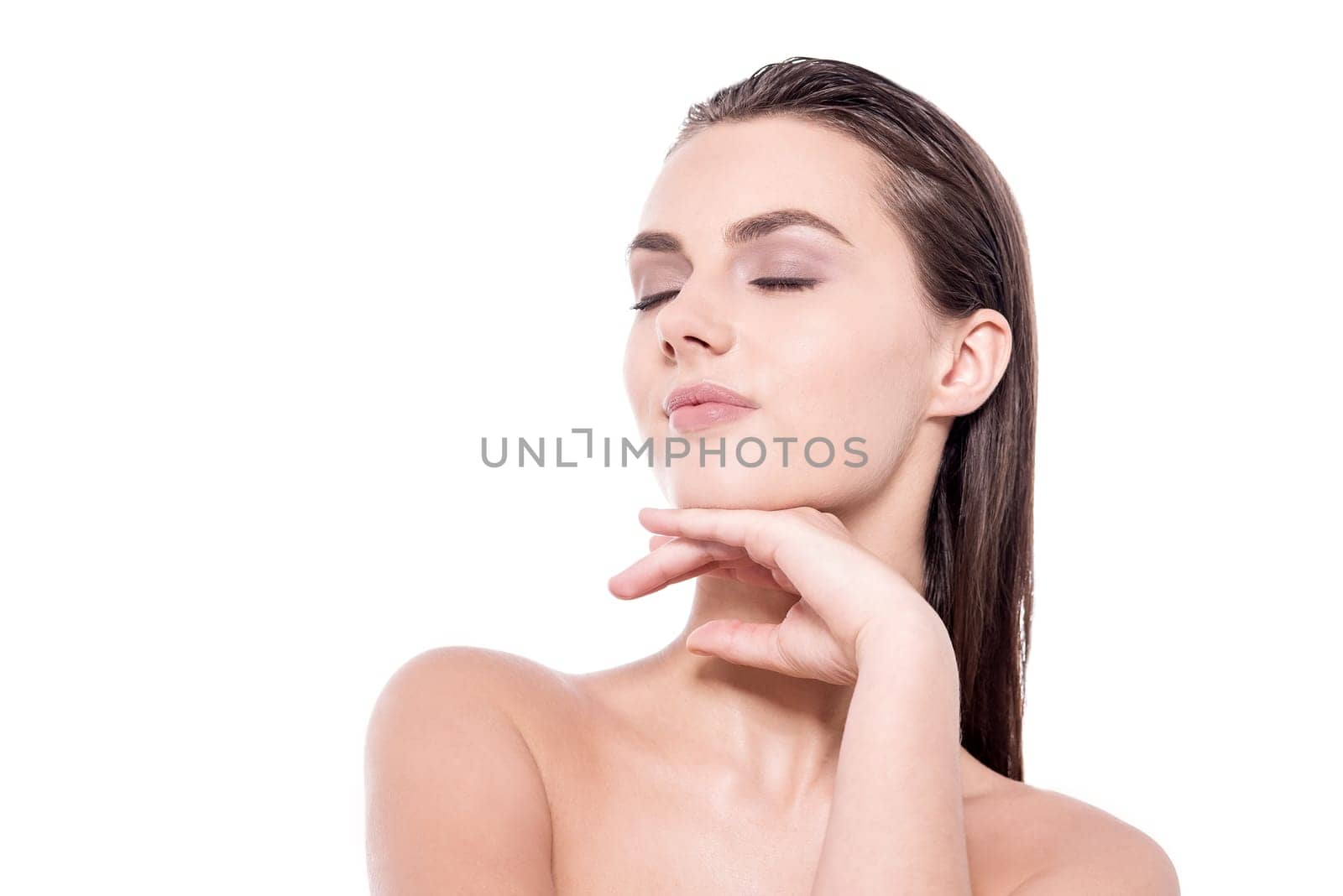 Woman dreaming with closed eyes over white