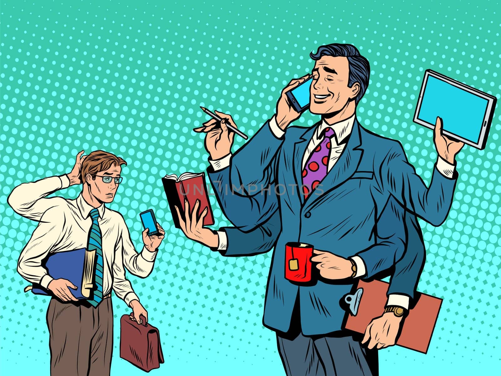 Cool successful businessman and a loser pop art retro style. business solutions. multitasking. New technologies. Leader and laggard