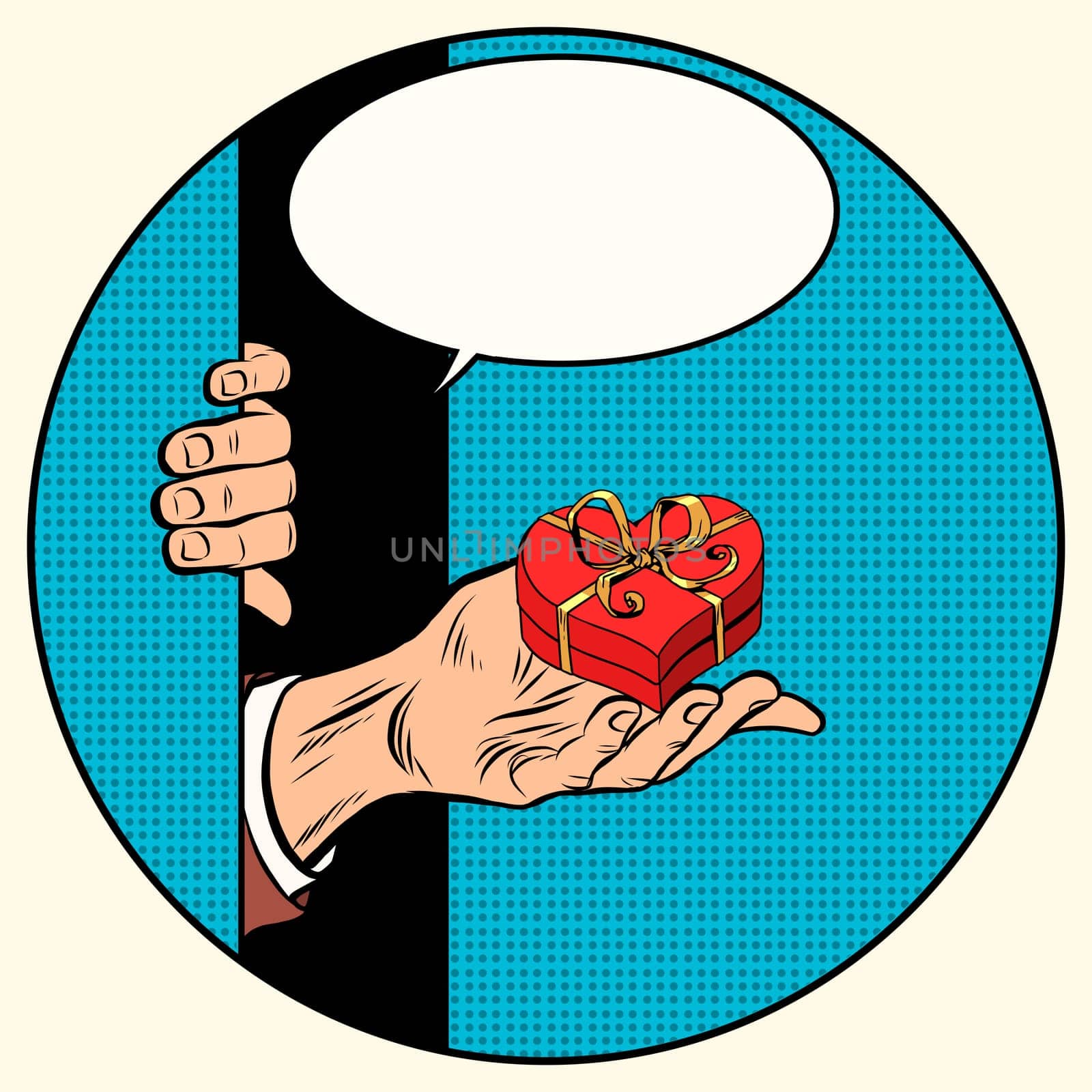 Gift ring proposal to be his wife pop art retro style. Red box heart. Box for wedding rings. Man and woman romance love