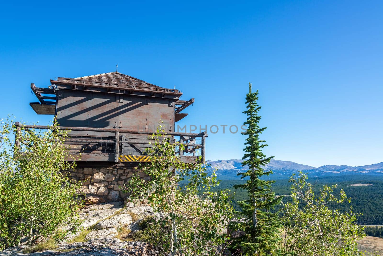Old building used as a fire lookout at High Park Lookout in Wyoming