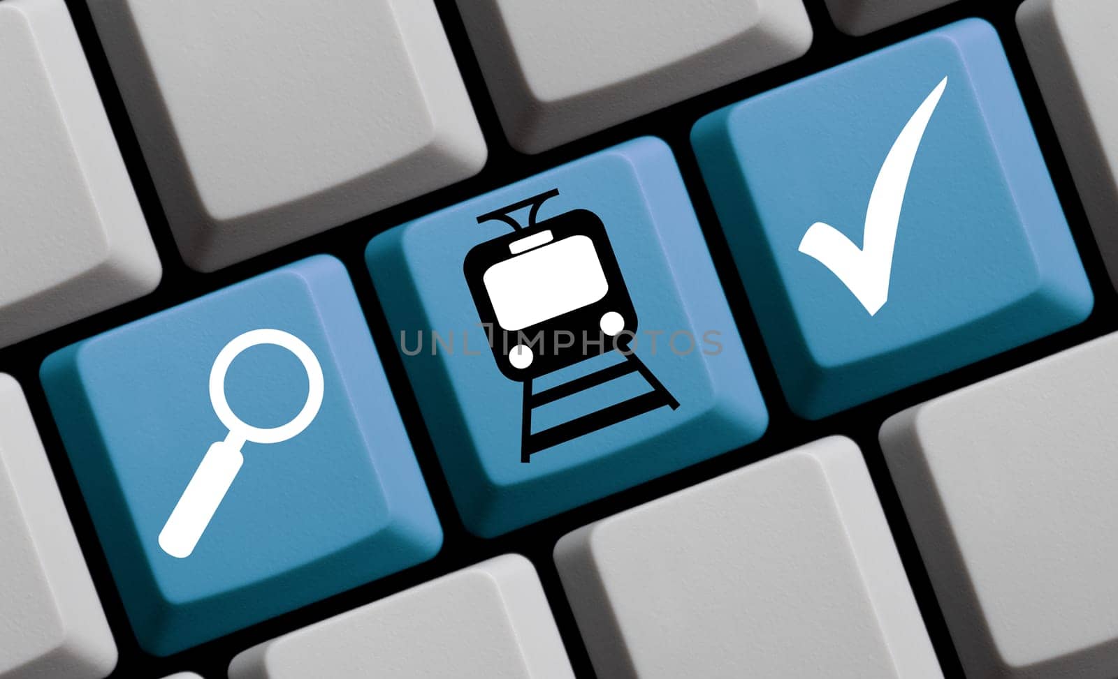 Icons on blue computer keyboard: Search for tram or train