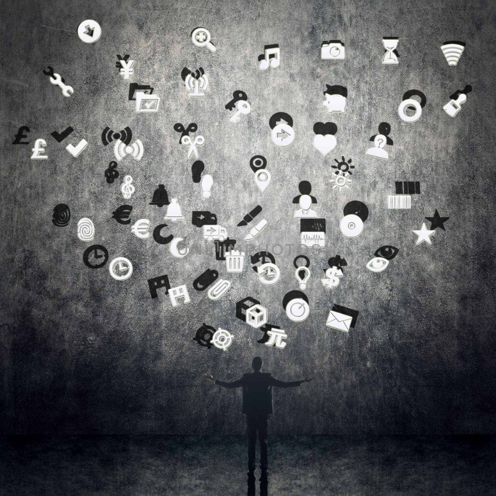 Man with signs, concept of web, internet, technology.