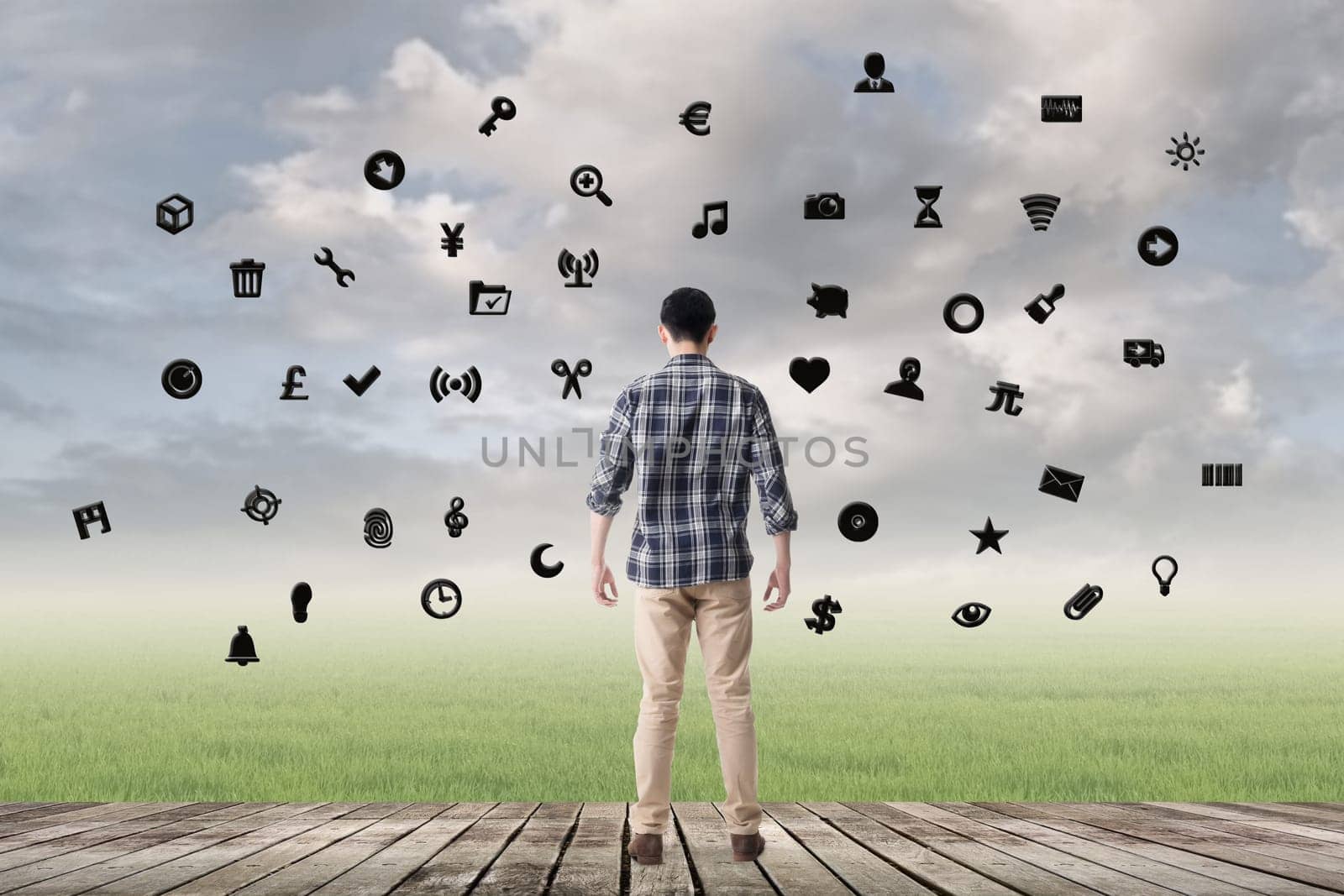 Man with signs, concept of web, internet, technology.