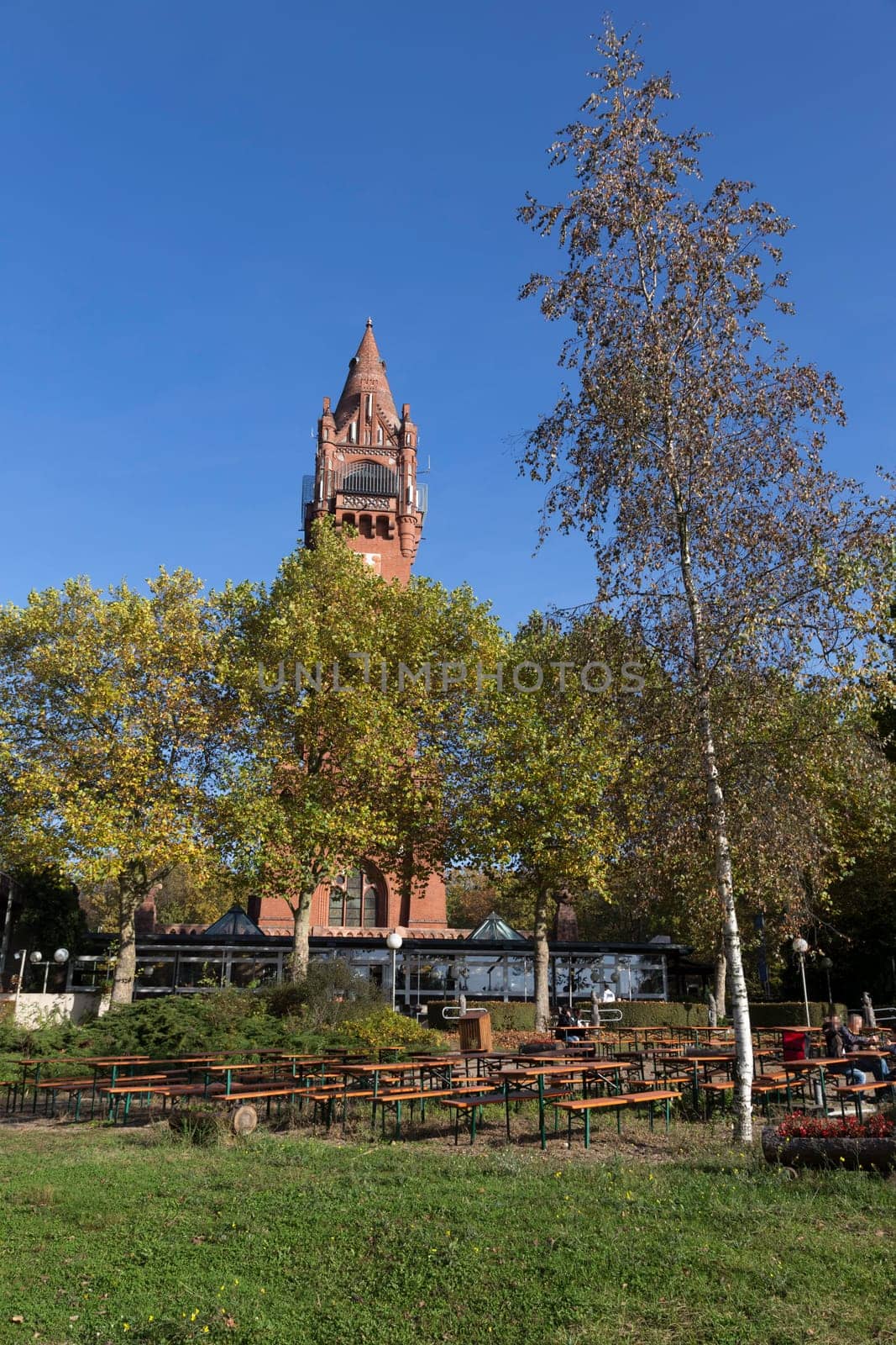 Grunewald tower with beer garden behind trees