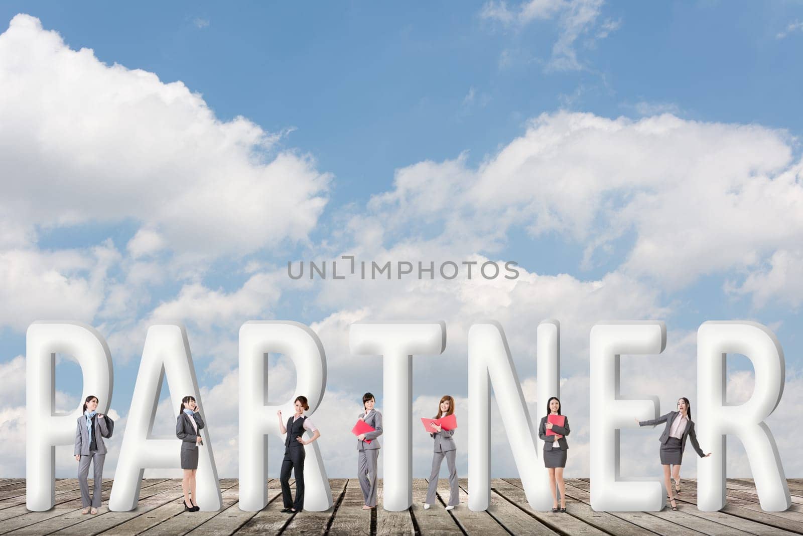 Concept of partner, friends,collaborate with group of business people stand with 3d text.