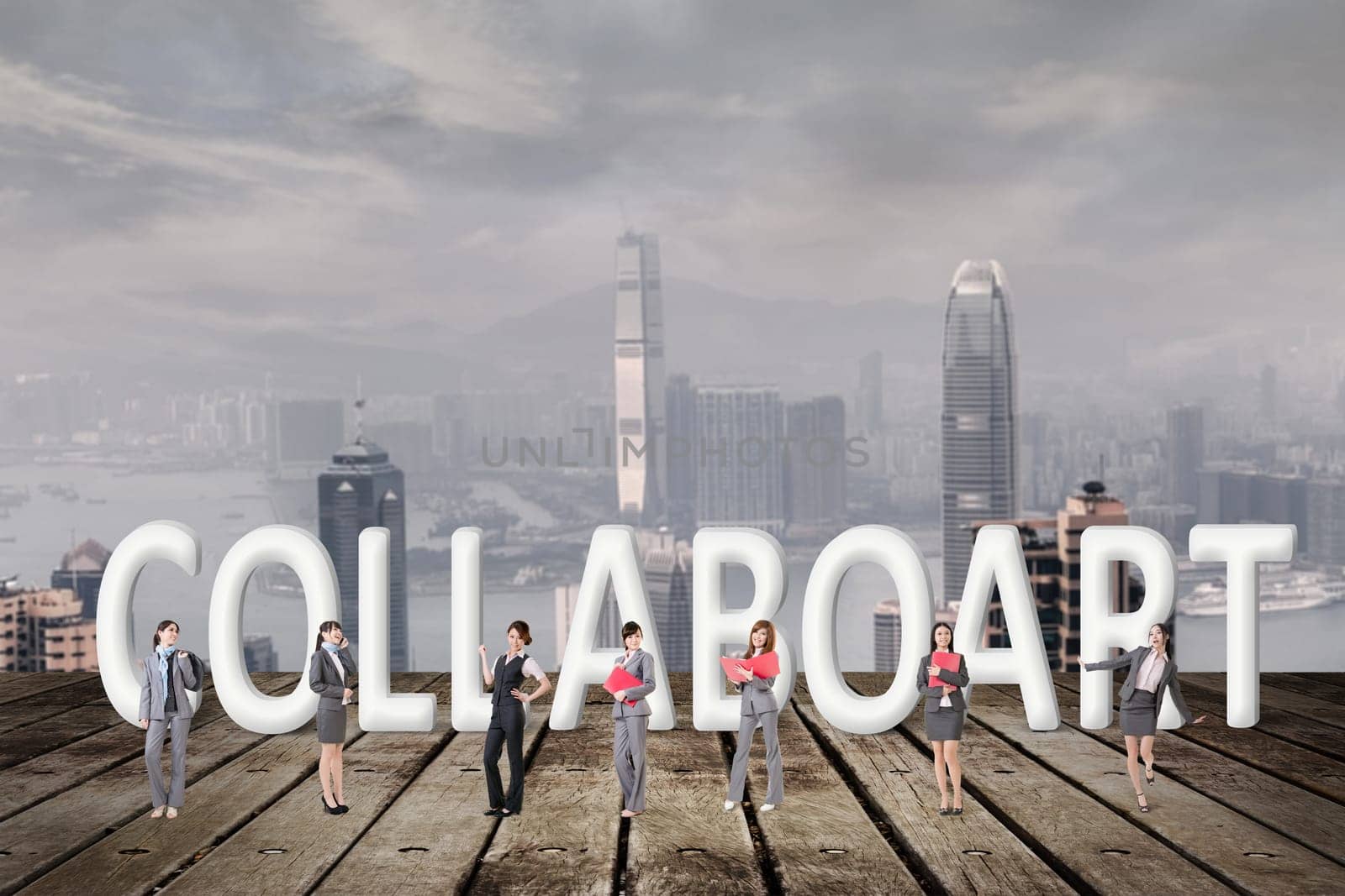 Concept of partner, friends,collaborate with group of business people stand with 3d text.
