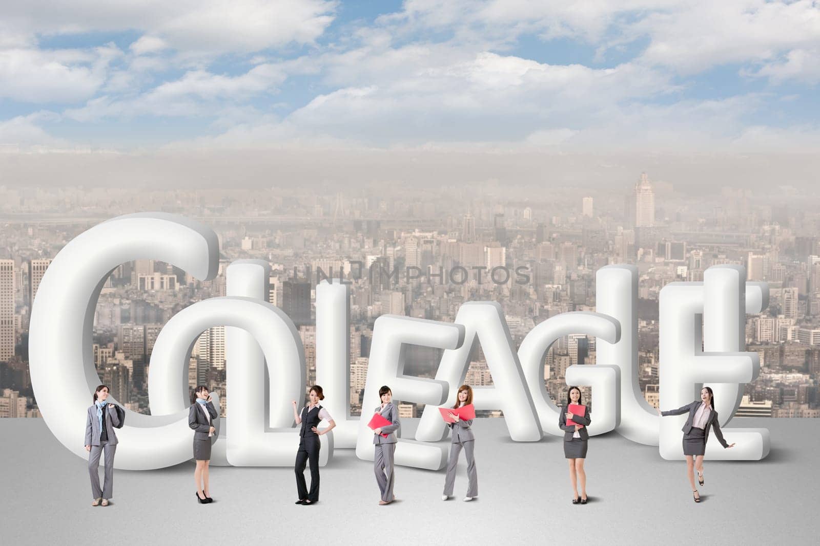 Concept of partner, friends,collaborate with group of business people stand with 3d text.