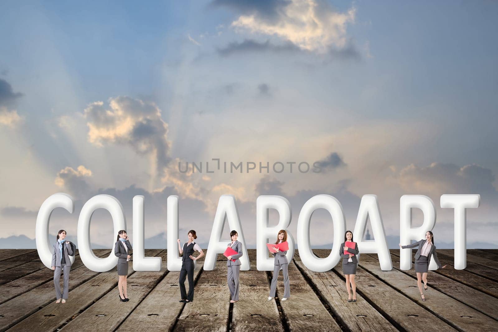 Concept of partner, friends,collaborate with group of business people stand with 3d text.