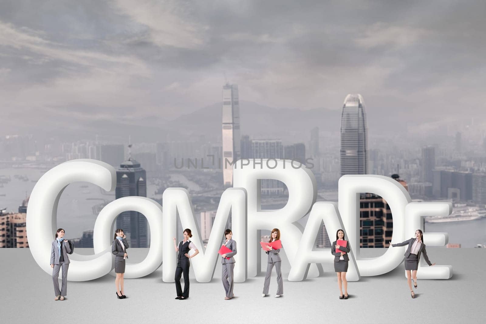 Concept of partner, friends,collaborate with group of business people stand with 3d text.