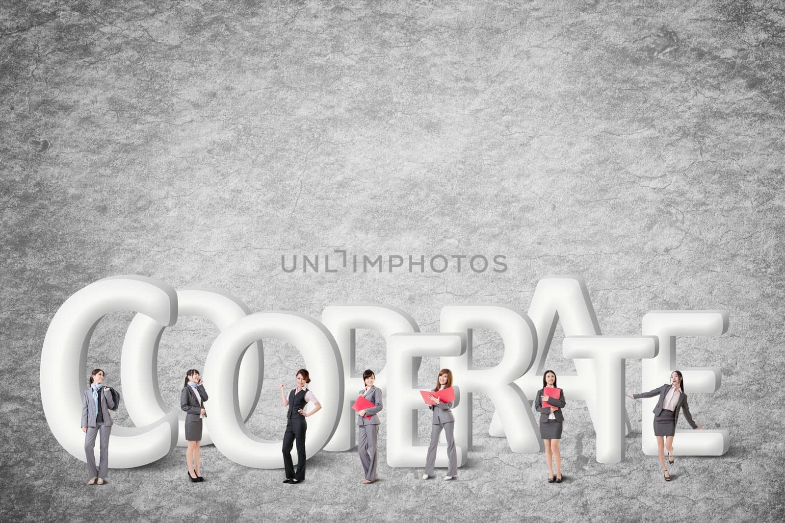 Concept of partner, friends,collaborate with group of business people stand with 3d text.
