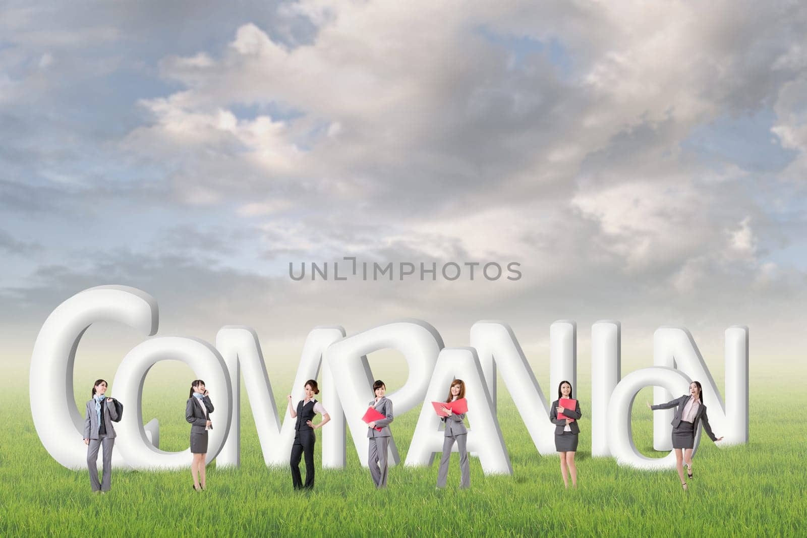 Concept of partner, friends,collaborate with group of business people stand with 3d text.