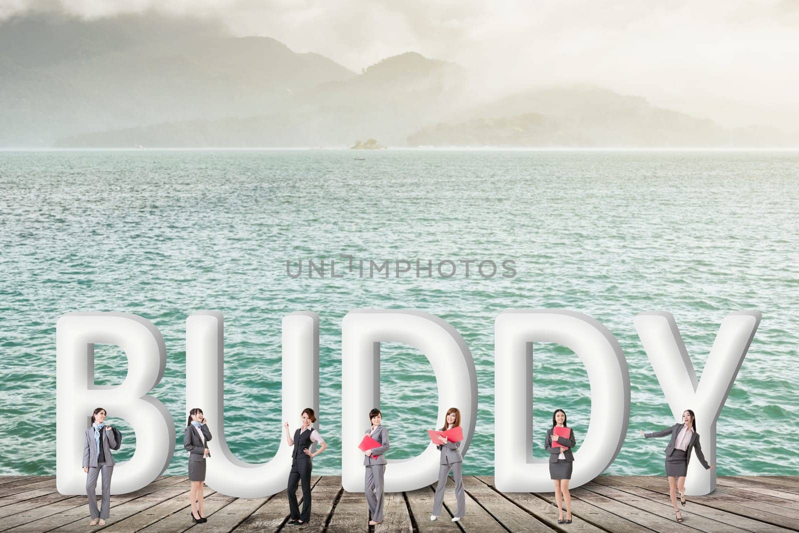 Concept of partner, friends,collaborate with group of business people stand with 3d text.