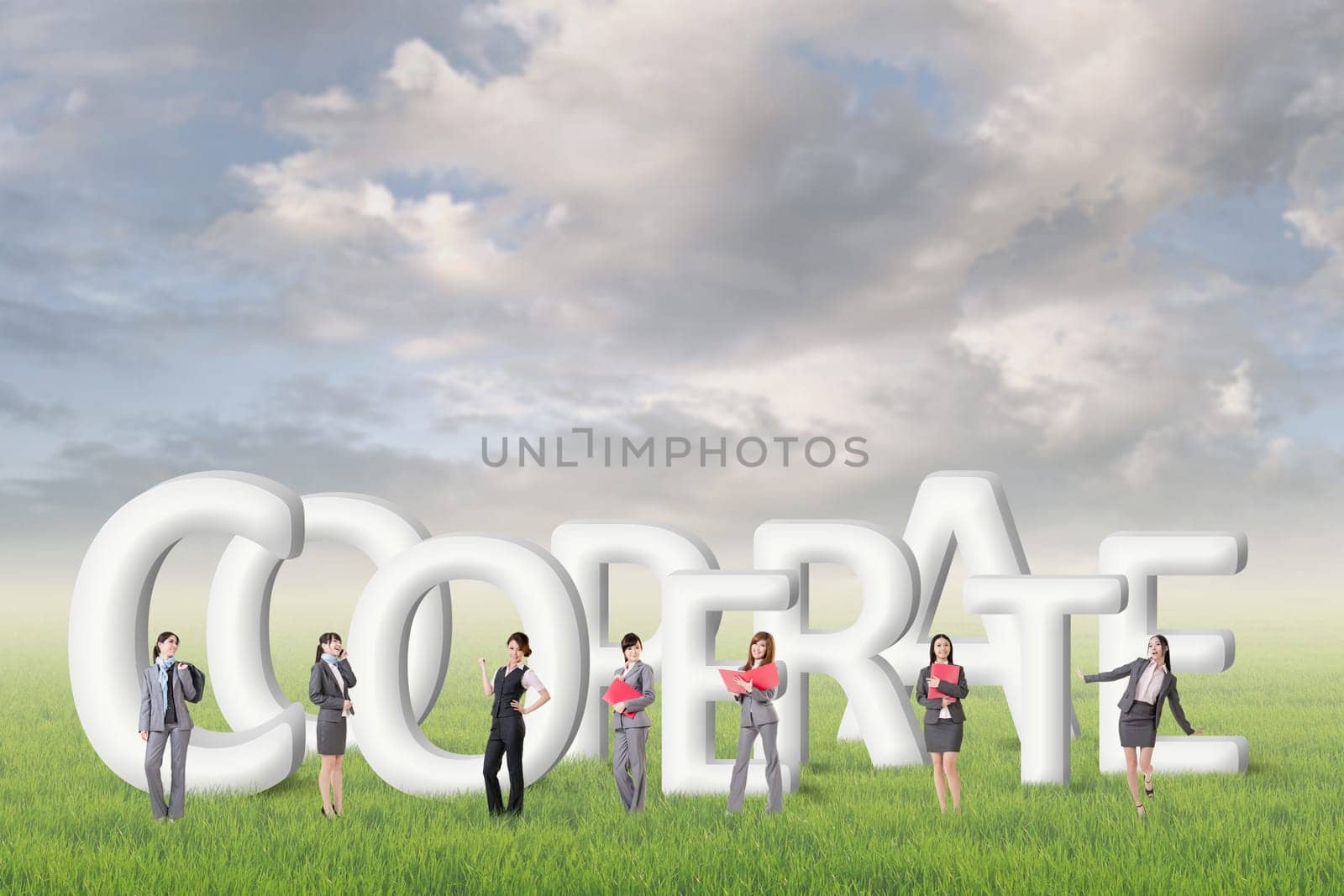 Concept of partner, friends,collaborate with group of business people stand with 3d text.