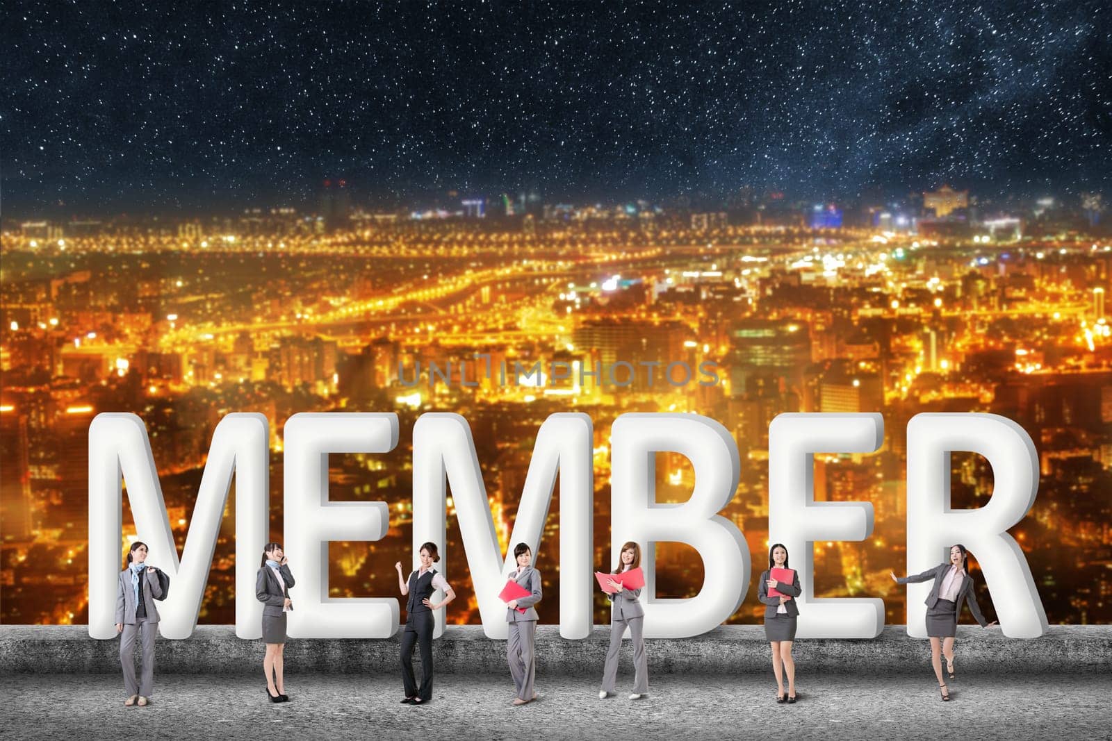 Concept of partner, friends,collaborate with group of business people stand with 3d text.