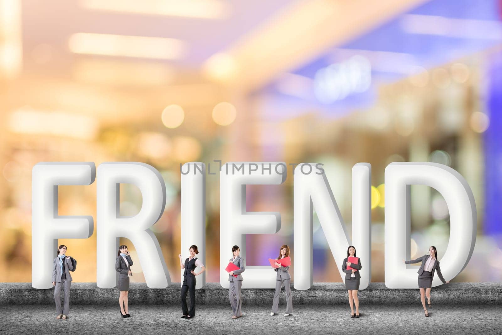 Concept of partner, friends,collaborate with group of business people stand with 3d text.