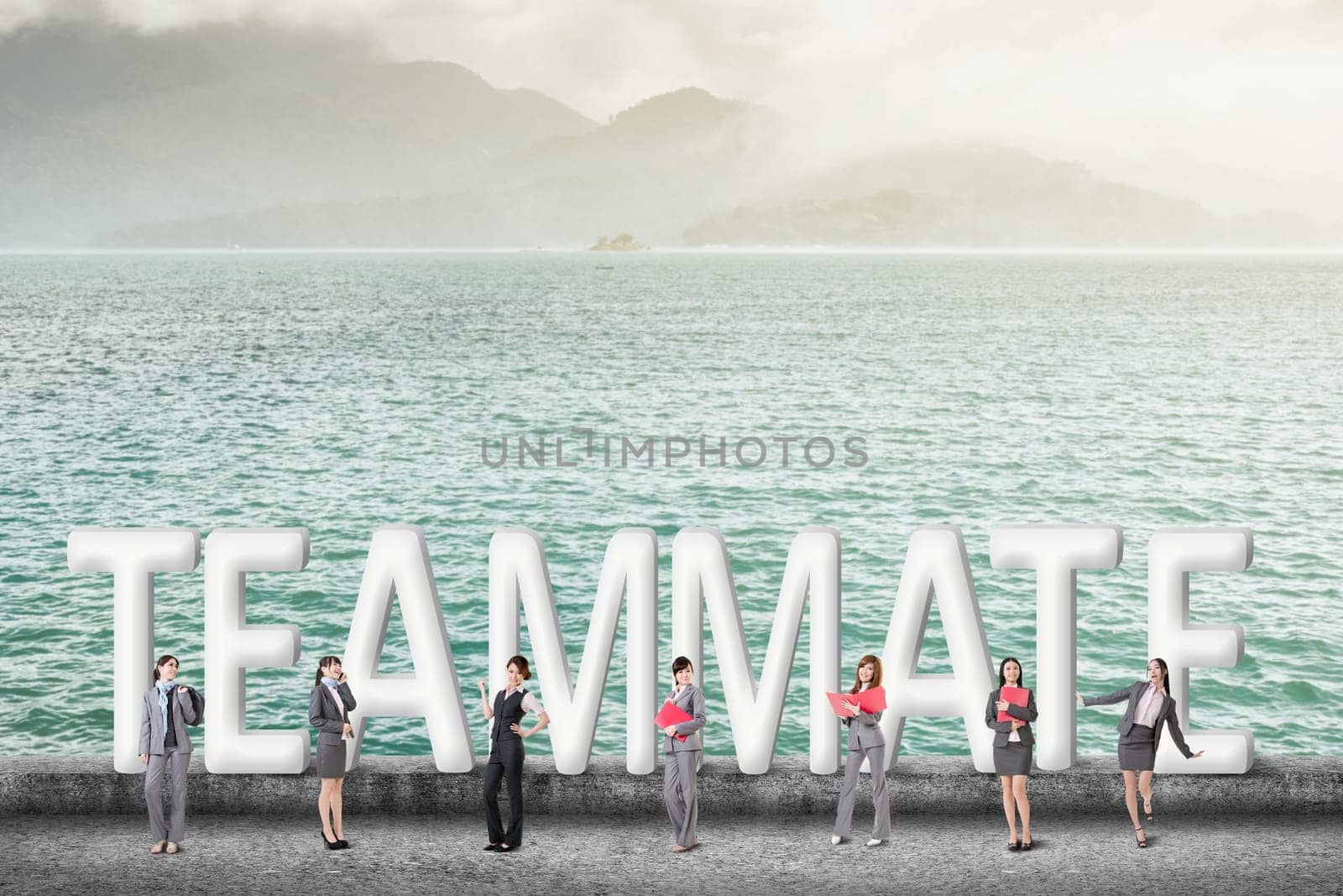 Concept of partner, friends,collaborate with group of business people stand with 3d text.