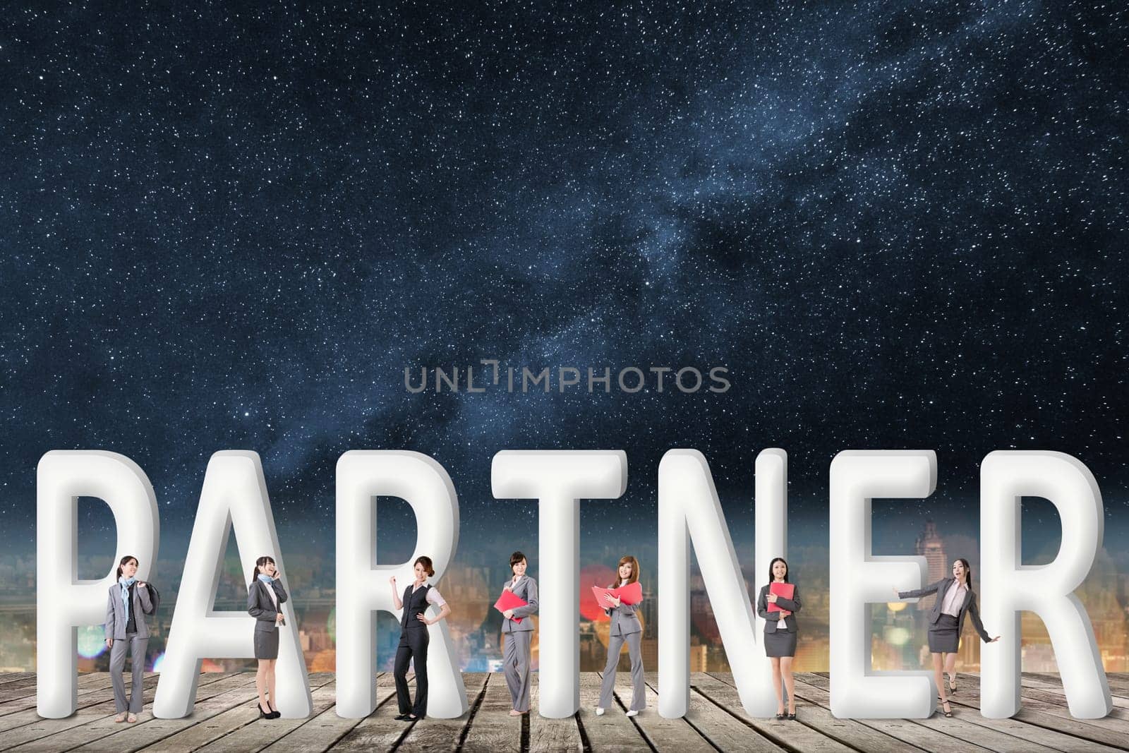 Concept of partner, friends,collaborate with group of business people stand with 3d text.