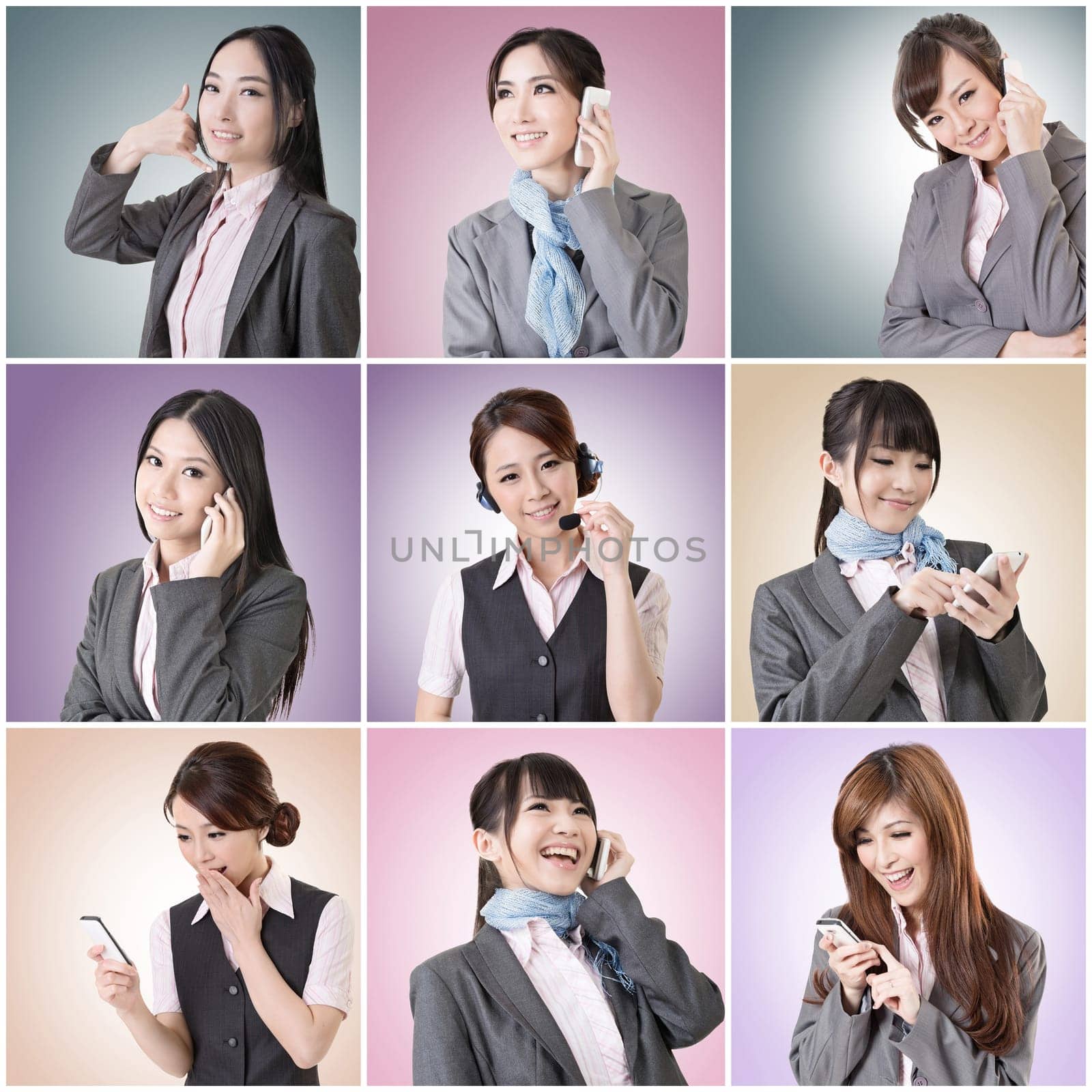 Collection of Asian business woman talk and listen, concept about connect, social media, group, speak etc.