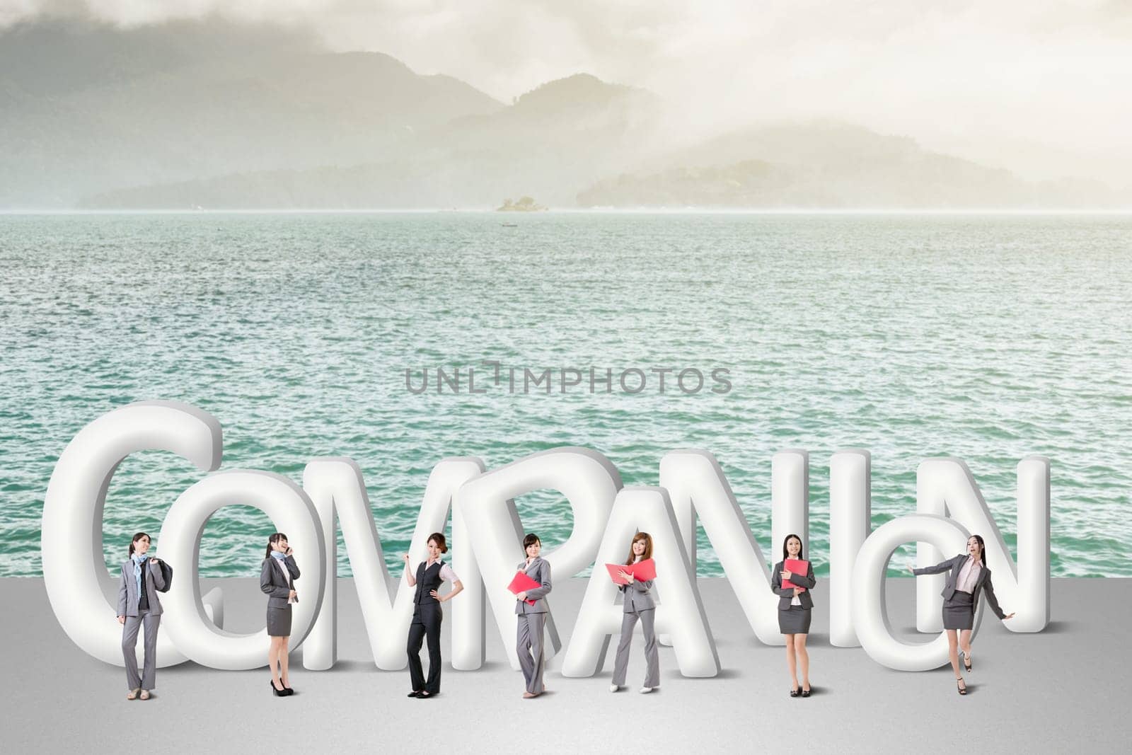 Concept of partner, friends,collaborate with group of business people stand with 3d text.